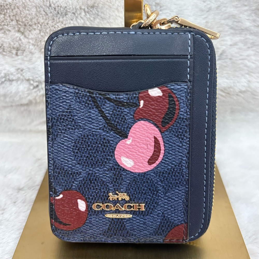 Coach Signature Canvas Cherry Print Zip Wallet Goldtone Chain with clip. ID slot